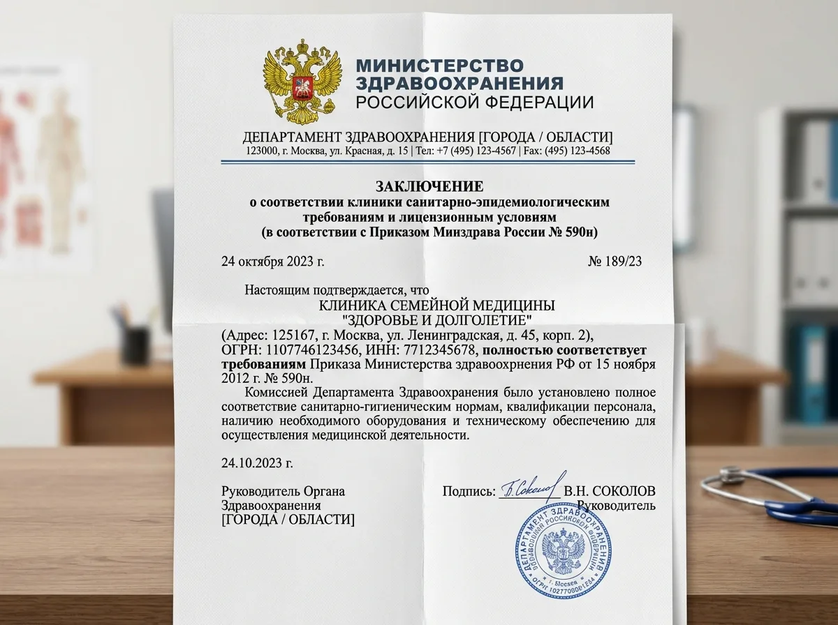 Документ о соответствии клиники приказу Министерства здравоохранения № 590н — официальный бланк с печатью и подписью руководителя органа здравоохранения