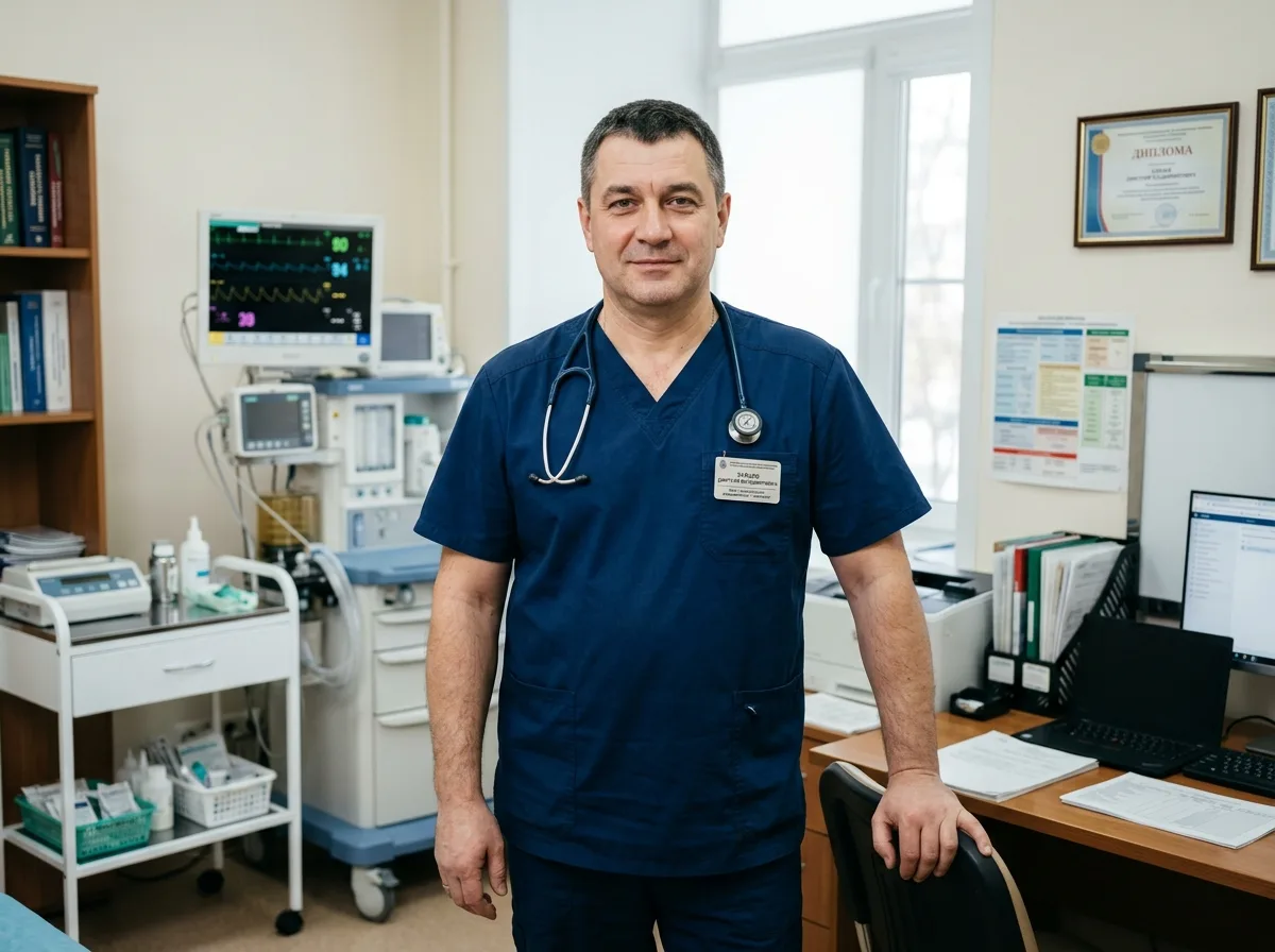 Врач нарколог анестезиолог-реаниматолог Зайцев Дмитрий Владимирович — мужчина-врач в хирургических скрабах, профессиональный и уверенный, медицинский кабинет