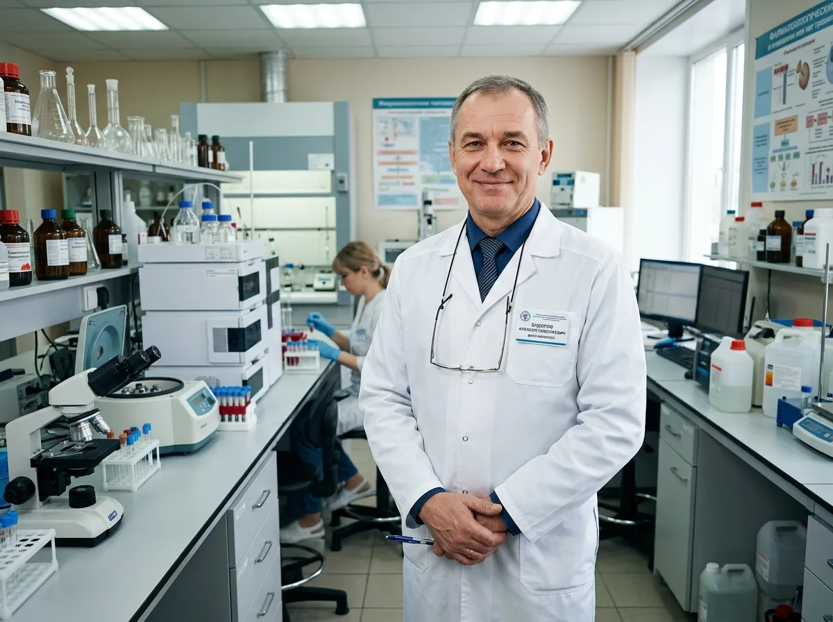 Врач нарколог Сидоров Алексей Николаевич — мужчина средних лет в белом халате, уверенный специалист, медицинская лаборатория на фоне